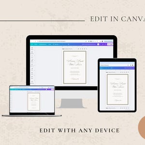 May include: A digital design displayed on a laptop, desktop computer, and tablet. The screens show a wedding invitation template with elegant script. Text reads "EDIT IN CANVA" and "EDIT WITH ANY DEVICE".
