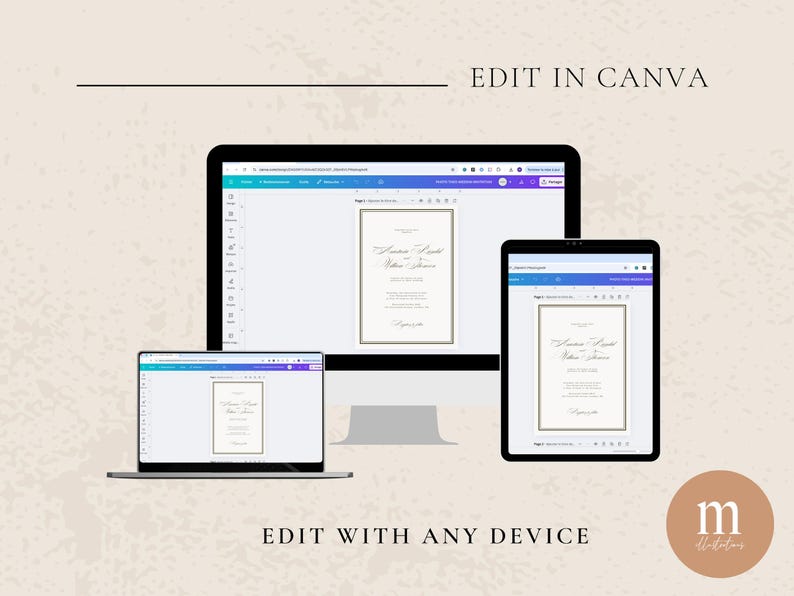 May include: A digital design displayed on a laptop, desktop computer, and tablet. The screens show a wedding invitation template with elegant script. Text reads "EDIT IN CANVA" and "EDIT WITH ANY DEVICE".