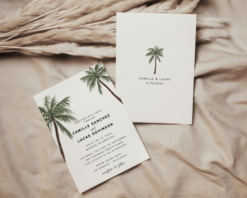 May include: Two white wedding invitations with palm tree illustrations. The top invitation has the text "Camille & Lucas 01.09.2023". The bottom invitation has the text "Together with their families Camille Sanchez and Lucas Davinson invite you to their wedding celebration Saturday, the first of September two thousand twenty-three five o'clock in the afternoon Dream House Hotel Los Angeles, California reception to follow".