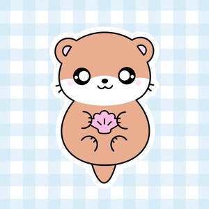 May include: A cartoon illustration of a brown otter holding a pink seashell. The otter has large, black eyes, pink cheeks, and a white muzzle. The background is a light blue and white checkered pattern.