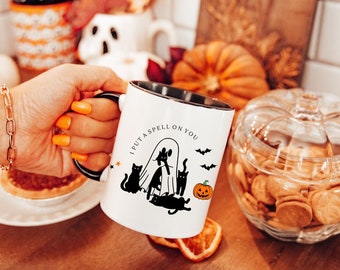 Cute Halloween Ghost and Black Cat Ceramic Mug w/ Color, I put a spell on you Halloween Mug, Spooky Season Mug, Halloween Gift
