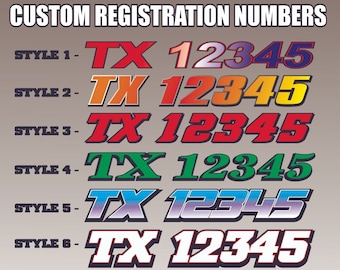 May include: Six different styles of custom registration numbers for vehicles. The numbers are "TX 12345" and are shown in different colours and fonts. The styles are numbered 1 through 6.