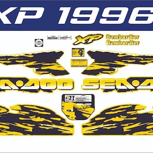 May include: A set of black and yellow Sea-Doo XP 1996 decals. The decals feature the Sea-Doo logo, the model name, and the year. The decals are designed to be applied to a Sea-Doo watercraft.