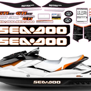 May include: A white and black Sea-Doo GTI 130 jet ski with orange accents. The jet ski has a black seat and a black and white Sea-Doo logo on the side. The jet ski is on a white background.