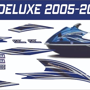 May include: A blue and white Yamaha VX Deluxe jet ski with graphics. The jet ski has a white seat and a blue hull. The graphics include the words "WaveRunner" and "VX Deluxe".