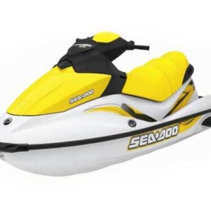 May include: A white and yellow Sea-Doo personal watercraft with black accents. The Sea-Doo logo is visible on the side of the watercraft.