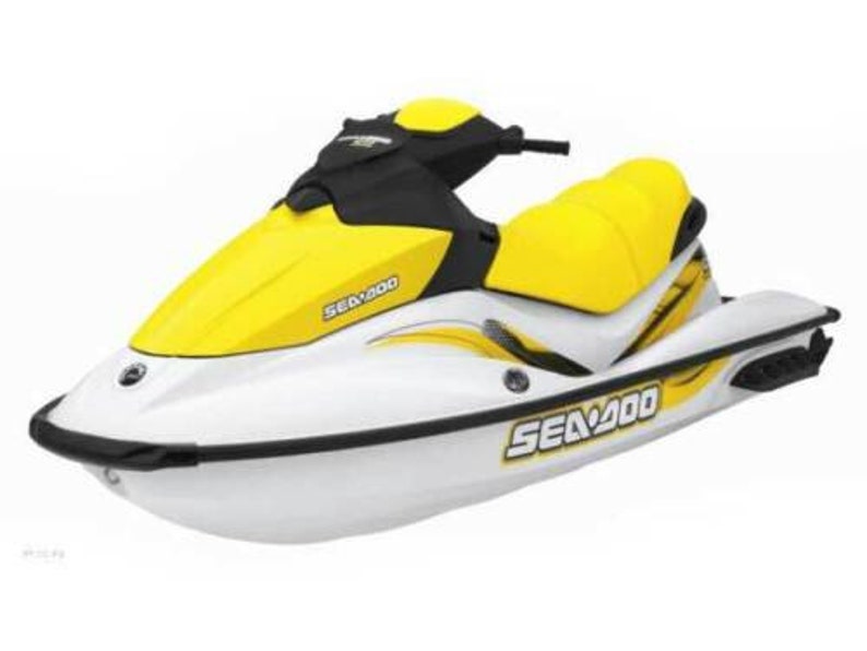 May include: A white and yellow Sea-Doo personal watercraft with black accents. The Sea-Doo logo is visible on the side of the watercraft.