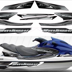 May include: A white and blue Yamaha WaveRunner jet ski with black and silver graphics. The graphics feature the words "WaveRunner" and "XL 1200".