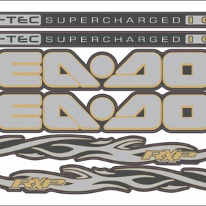 May include: Sea-Doo 4-Tec Supercharged watercraft graphics decal kit.  The kit includes two large ‘Sea-Doo 400’ logos in silver and gold, two smaller ‘4-Tec Supercharged I.C.’ rectangles, and two pairs of flame-style graphics with ‘RXP’ text. All graphics are in shades of silver, gold, and black.