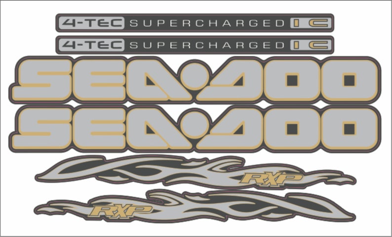 May include: Sea-Doo 4-Tec Supercharged watercraft graphics decal kit.  The kit includes two large ‘Sea-Doo 400’ logos in silver and gold, two smaller ‘4-Tec Supercharged I.C.’ rectangles, and two pairs of flame-style graphics with ‘RXP’ text. All graphics are in shades of silver, gold, and black.