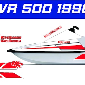 May include: A white Yamaha WaveRunner WR 500 1990 jet ski with red and black graphics. The jet ski has a white seat and a black and white stripe on the side. The jet ski is on a white background.
