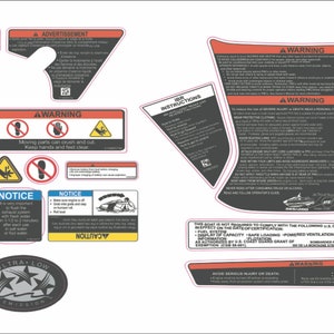 Puede incluir: Un conjunto de pegatinas de advertencia en blanco y negro con bordes rojos. Las pegatinas contienen texto en inglés y francés, incluyendo "Aviso de Cumplimiento Canadiense", "Canadian Compliance Notice", "Advertencia", "Aviso" y "Ultra-Low Emission".