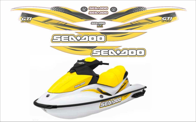 May include: A white and yellow Sea-Doo GTI jet ski with black accents and the text "Sea-Doo" and "GTI" on the side.