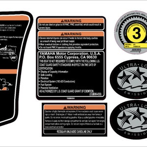 May include: A set of black and orange warning labels for a Yamaha watercraft. The labels include safety instructions, warnings, and specifications. The labels also include the Yamaha logo and the text "Ultra-Low Emission".