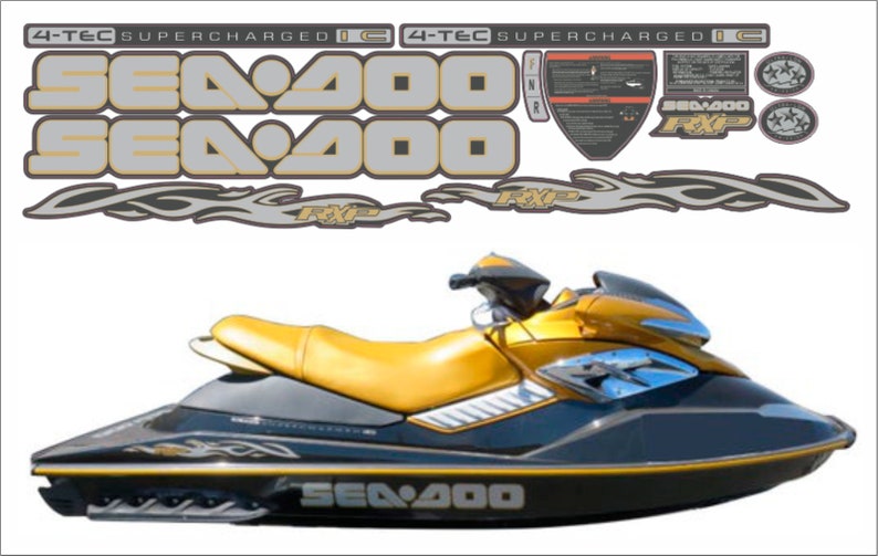 May include: Graphic kit for Sea-Doo 4-Tec Supercharged watercraft.  Features gold and silver 'Sea-Doo 400' text, flames, and RXP graphics.  Also includes informational stickers.  The kit is shown applied to a black and gold Sea-Doo personal watercraft.
