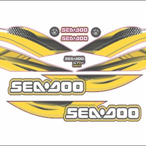 K&ouml;nnte beinhalten: Ein Satz gelber und schwarzer Sea-Doo-Wasserfahrzeug-Aufkleber mit dem Text "Sea-Doo" und "GTI SE" in Wei&szlig;.