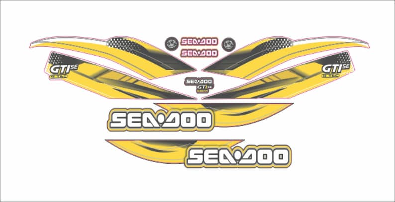 K&ouml;nnte beinhalten: Ein Satz gelber und schwarzer Sea-Doo-Wasserfahrzeug-Aufkleber mit dem Text "Sea-Doo" und "GTI SE" in Wei&szlig;.