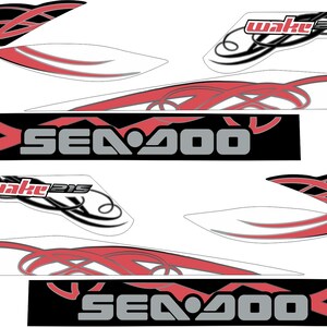 May include: A set of red, black, and white vinyl decals for a Sea-Doo watercraft. The decals feature the text "Sea-Doo" and "Wake 215" with a stylized design.
