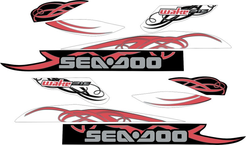 May include: A set of red, black, and white vinyl decals for a Sea-Doo watercraft. The decals feature the text "Sea-Doo" and "Wake 215" with a stylized design.