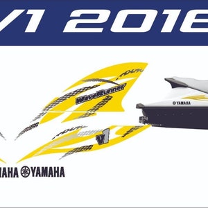 May include: A yellow and white Yamaha V1 2016 jet ski with a black and gray graphic design. The jet ski has a black seat and a black and white Yamaha logo on the side. The image also includes a set of yellow and white decals with a black and gray graphic design.
