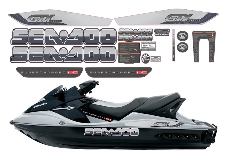 Może przedstawiać: Srebrno-czarny skuter wodny Sea-Doo GTX Limited z napisem "Sea-Doo GTX Limited" i "Supercharged I.C." na boku.