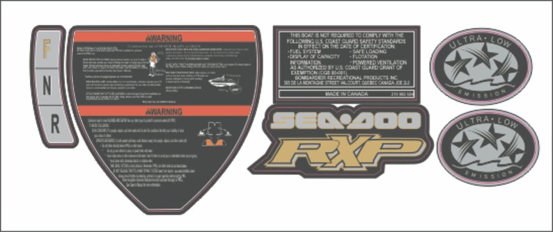May include: Sea-Doo RXP 200 decal set.  Includes black and gray graphic with gold lettering, 'Sea-Doo RXP', and two 'Ultra-Low Emission' oval decals.  Also features a black and orange warning label with instructions and safety information.  The gear shift labels are F, N, and R.