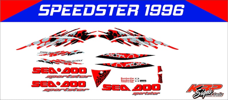 SeaDoo Speedster 1996 Red, Black & Grey Graphics / Decal Replacement Kit image 1