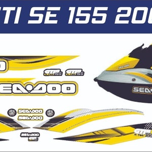 May include: A yellow and black Sea-Doo GTI SE 155 2007 jet ski decal kit. The kit includes decals for the hull, the side panels, and the rear of the jet ski. The decals feature the Sea-Doo logo, the GTI SE 155 model name, and the year 2007.