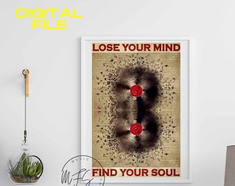 Music Vintage Poster, Lose Your Mind Find Your Soul Vintage Print, Music Retro Poster, Music Wall Art, Digital, music poster vintage