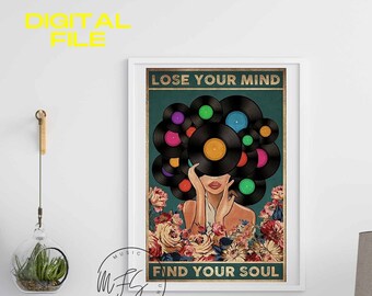 Affiche vintage de musique, Lose Your Mind Find Your Soul vintage Print, Music Retro Poster, Music Wall Art, Digital, music poster vintage