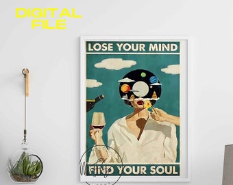 Music Vintage Poster, Lose Your Mind Find Your Soul Vintage Print, Music Retro Poster, Music, Music Wall Art, Digital, music poster vintage