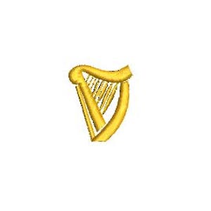 May include: A gold-colored harp embroidery design. The harp features a curved frame and a series of vertical strings. The design is set against a white background, highlighting the details of the instrument.
