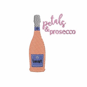 May include: A pink bottle of prosecco with a blue label that says "Lunetta" and the text "petals & prosecco" in pink.