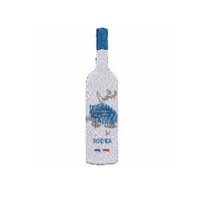 May include: A white bottle of vodka with a blue label featuring a stylised image of a bird in flight. The label also includes the word "Vodka" in red.