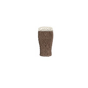 May include: A brown glass pint of beer with a white foam head.