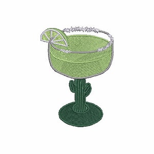May include: A green margarita cocktail in a glass with a lime wedge and a salt rim. The glass is on a cactus-shaped stem.