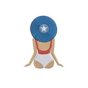 May include: A woman wearing a red and white swimsuit with a blue sun hat with a white star on it.