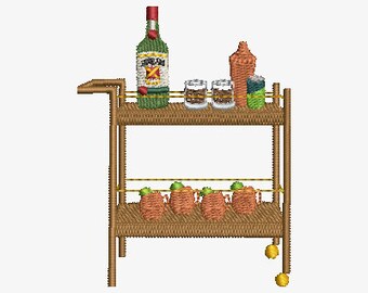 Mid-Century Irish Whiskey Bar Cart Embroidery File