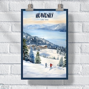 Heavenly Lake Tahoe Blue & White Poster, California Nevada Ski Resort Print, Snowboarding Wall Art, Lake Tahoe Gift
