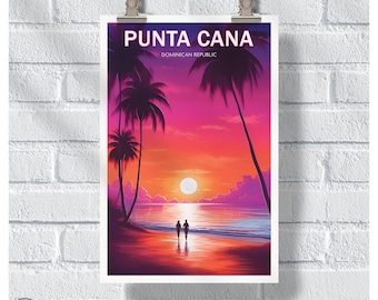 Póster de la costa serenidad del atardecer en Punta Cana, impresión de viaje a República Dominicana