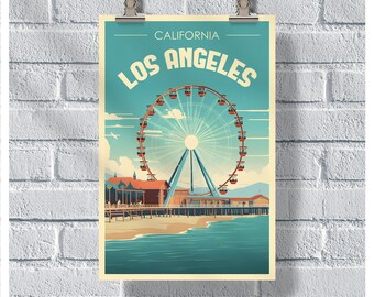 Cartel del muelle de Santa Mónica de Los Ángeles, cartel de los Estados Unidos, impresión retro vintage de Los Ángeles, arte de la pared de EE. UU., cartel de Los Ángeles, cartel de California