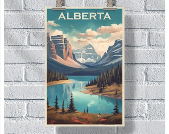 Puede incluir: Un cartel de viaje vintage con una combinación de colores azul, verde y marrón. El cartel presenta una cordillera montañosa y un lago con el texto "ALBERTA" en letras blancas sobre un fondo azul.