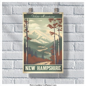 New Hampshire Poster, White Mountains Poster, NH Poster, New Hampshire Vintage Poster, Wall Decor, New Hampshire Print, New Hampshire Gift