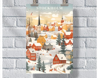 Pôster do museu ao ar livre de Estocolmo Skansen, pôster de viagens de Estocolmo, pôster da Suécia, pôster retrô vintage de Estocolmo, arte de parede da Suécia