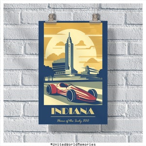 Cartel de viaje de Indiana, cartel de Indy 500, cartel de Indiana, cartel vintage de Indiana, decoración de la pared, impresión de Indiana, cartel retro de Indiana