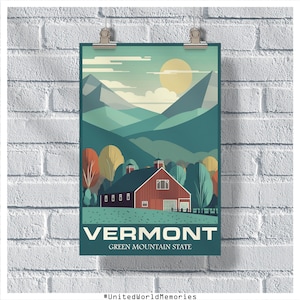 Poster di viaggio del Vermont, poster dello stato di montagna verde, poster vintage del Vermont, decorazione della parete, poster dello stato, stampa del Vermont, poster retrò del Vermont