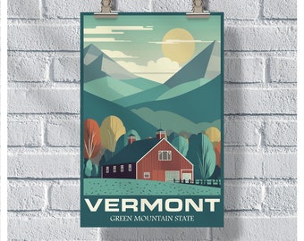 Vermont Reise Poster, Green Mountain State Poster, Vermont Vintage Poster, Wand-Dekor, State Poster, Vermont Print, Vermont Retro Poster