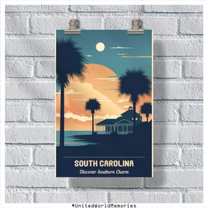 Cartel de viaje de Carolina del Sur, cartel de encanto del sur, cartel vintage SC, decoración de pared, impresión de Carolina del Sur, cartel SC, regalo de Carolina del Sur