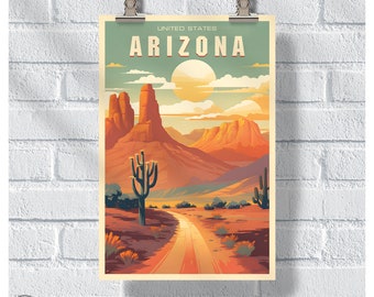 Arizona Desert Poster, Arizona USA Vintage Retro Poster, Travel Lover Gift