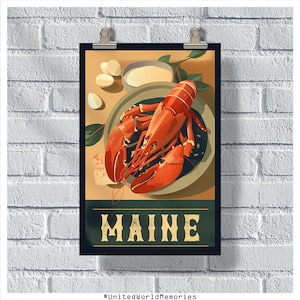 Maine Travel Poster, Maine Lobster Poster, Maine Vintage Poster, Wall Decor, State Poster, Maine Print, Maine Retro Poster, Lobster Wall Art